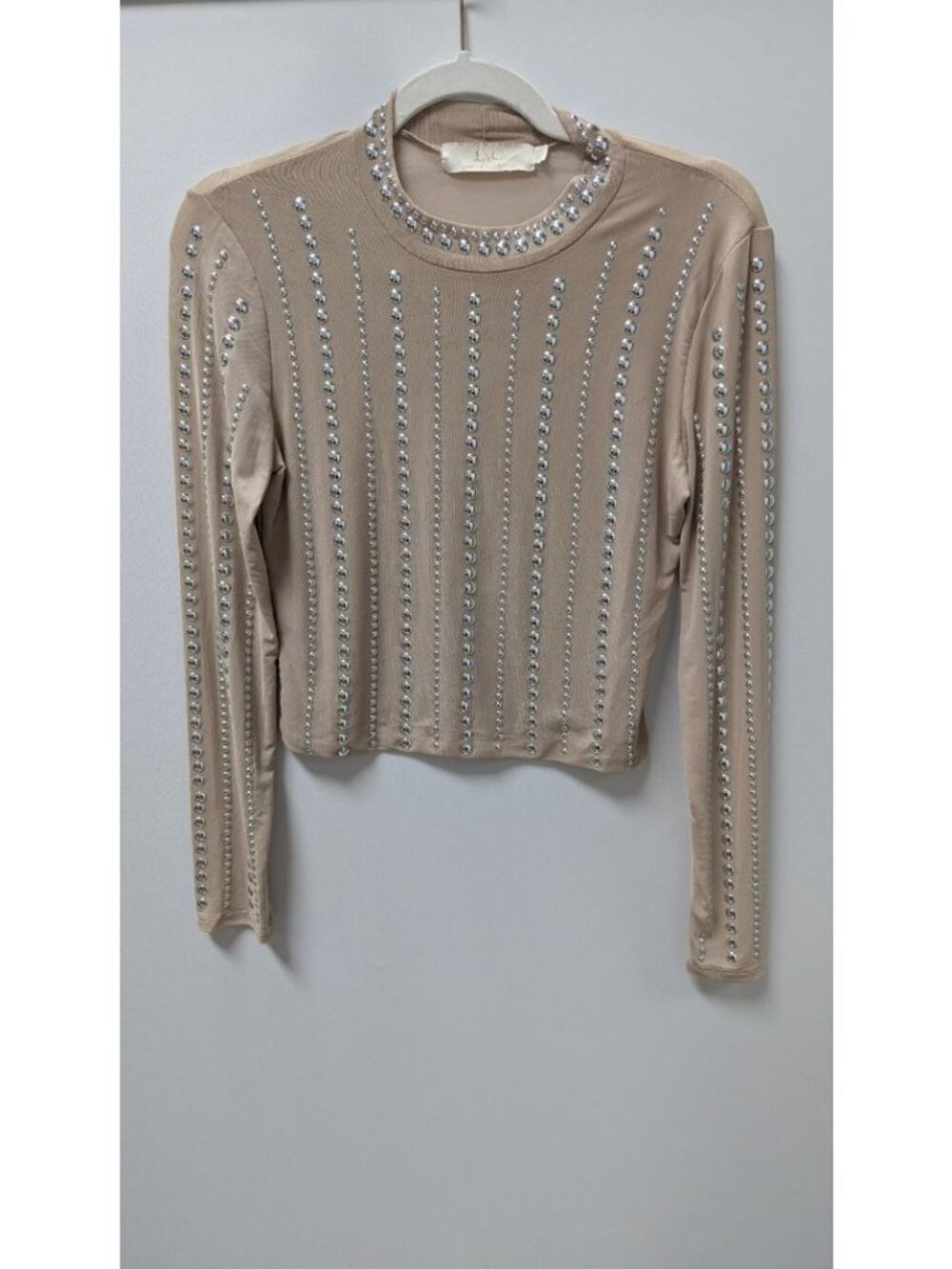 Lizette Collection Taupe/Silver Stud Embellished Mesh Blouse